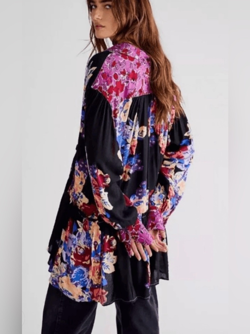 Free People Brunch A Bunch Floral Patchwork Tunic Top Black Multi S NWOT
